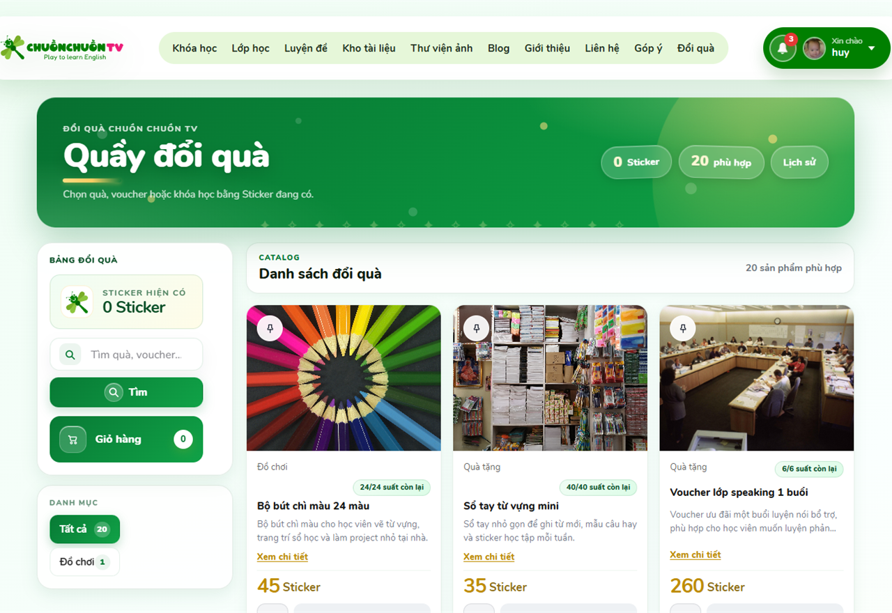 Màn hình shop đổi quà bằng sticker