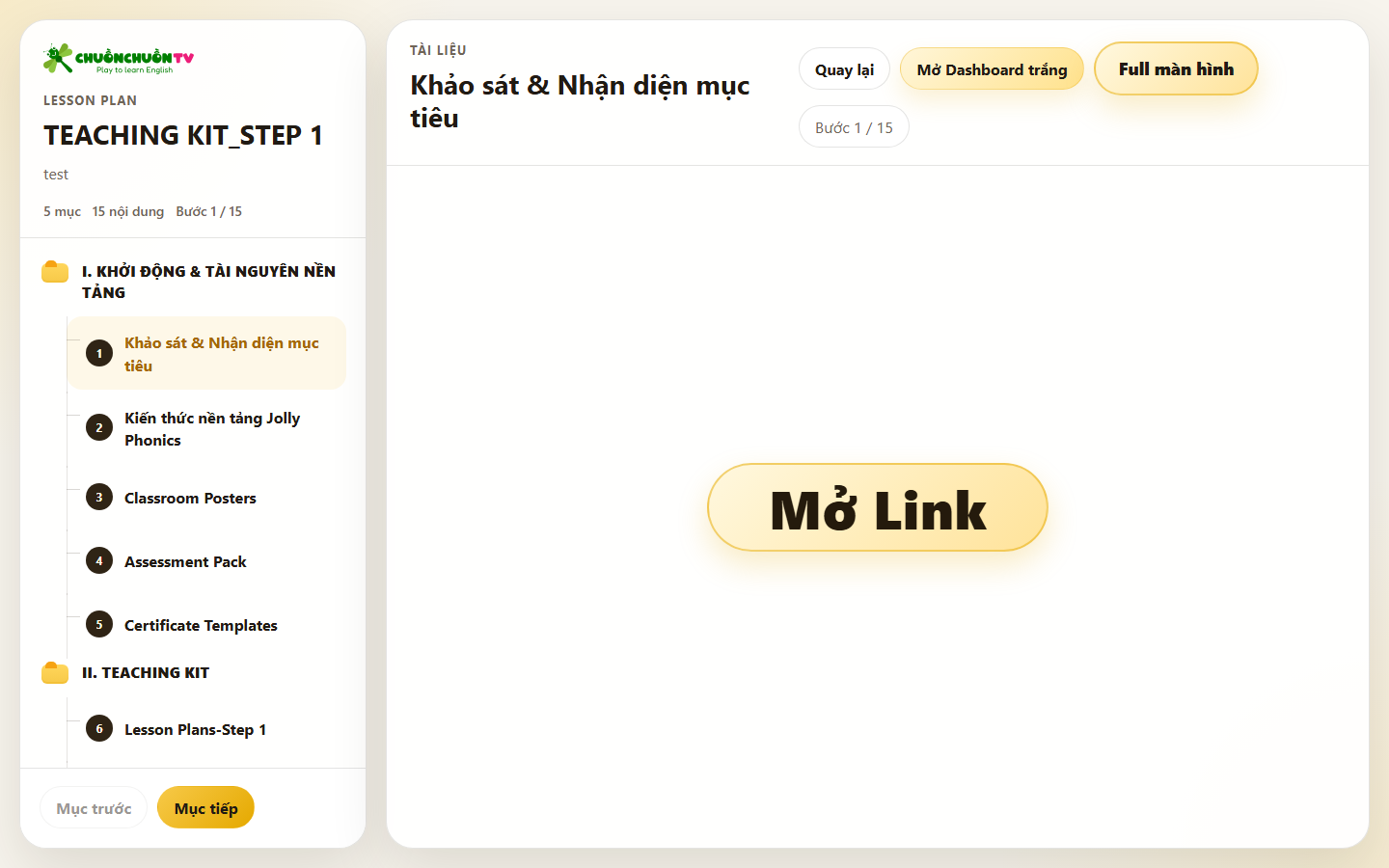 Màn hình lesson plan theo từng bước cho giáo viên